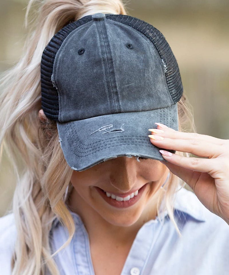 Eohak Distressed Ponytail Hats Baseball for Women Messy-Bun Pony Caps (Black) - Image 2